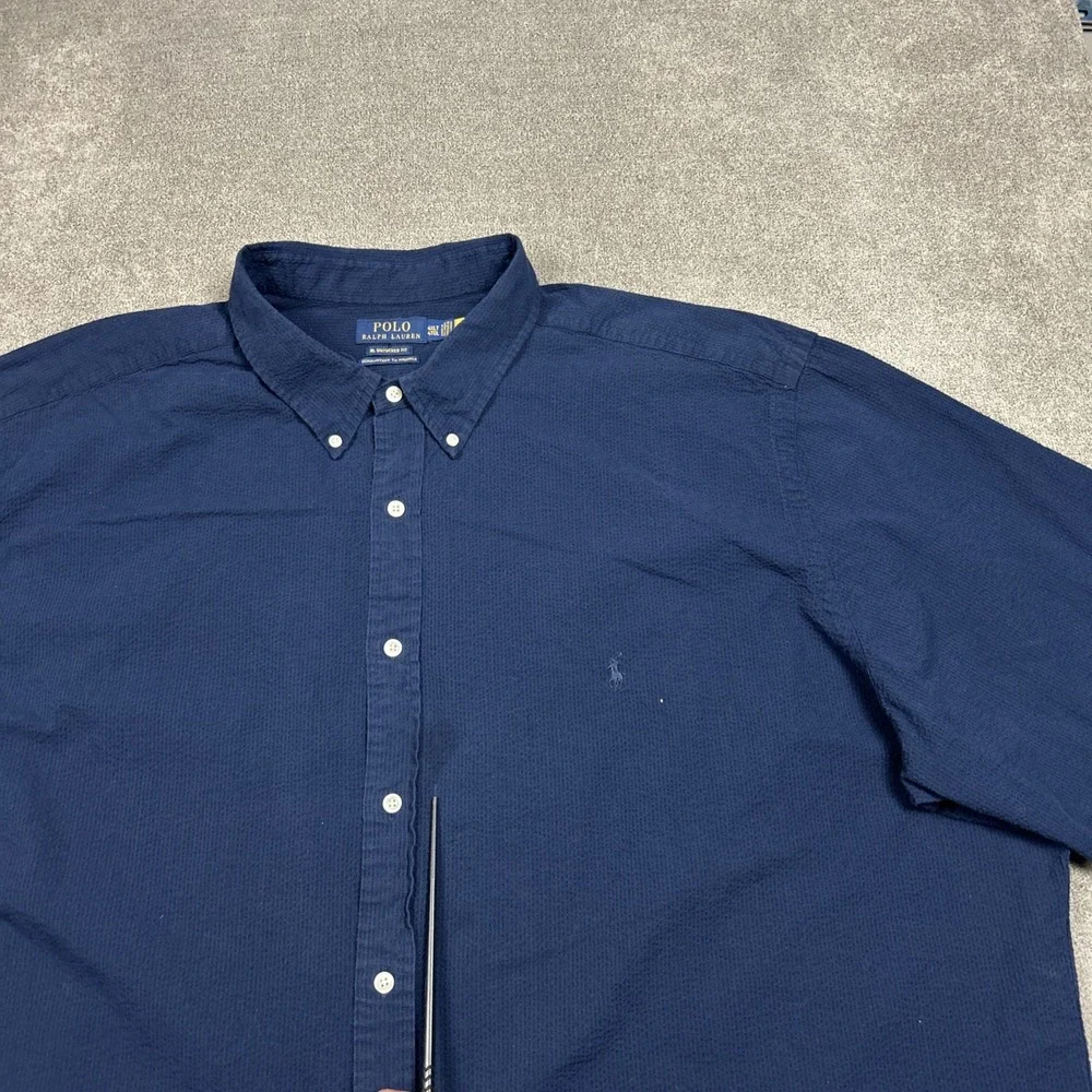 Polo Ralph Lauren Seersucker Shirt Mens 4XLT Untucked Fit Navy Button Up Pony
